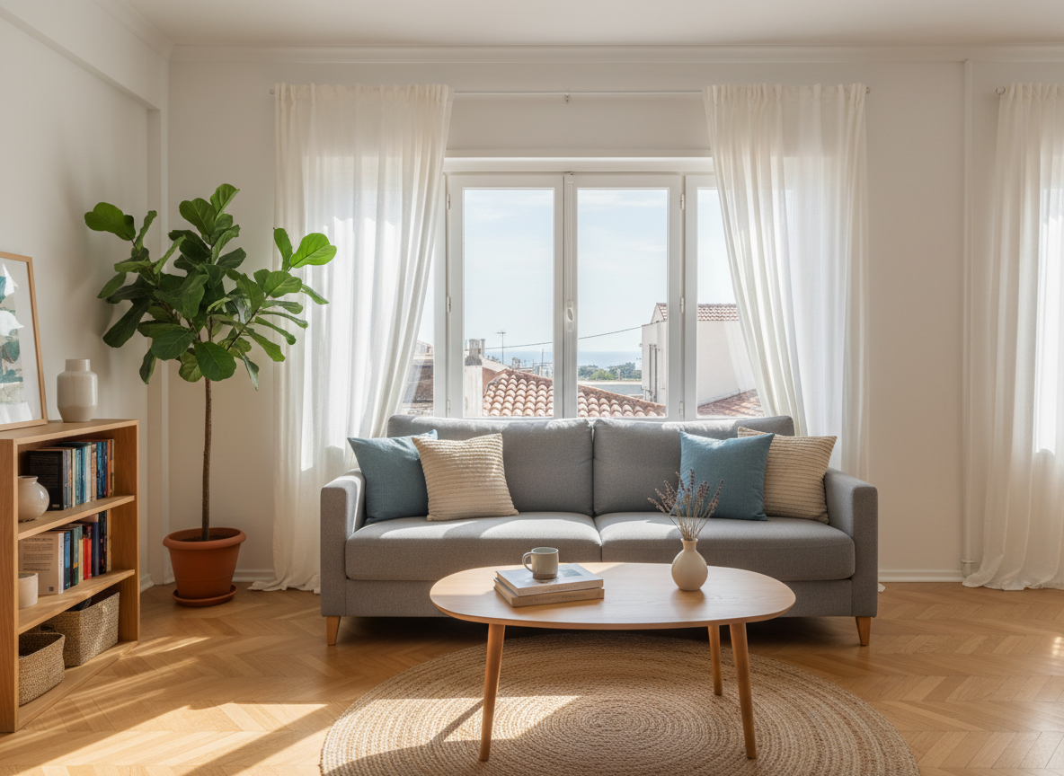 A bright, inviting living room of a cozy city apartment in Rhodes, captured in photographic realism. A soft gray fabric sofa with textured cushions in muted blues and sandy beiges faces a low oak coffee table with rounded corners. Behind, a large window framed by sheer white curtains reveals a hint of sunlit city rooftops. Warm late-morning Mediterranean light filters in, creating gentle highlights on the light wood parquet floor and subtle shadows under the furniture. A woven jute rug anchors the seating area, while a small bookshelf and a leafy potted plant add homely touches. Shot at eye level with a wide lens, sharp focus throughout, the composition uses the rule of thirds to feel calm, professional, and family friendly.