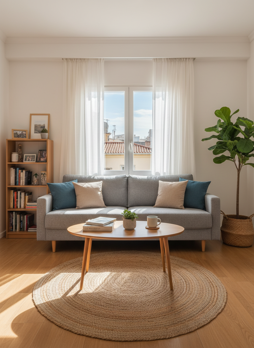 A bright, inviting living room of a cozy city apartment in Rhodes, captured in photographic realism. A soft gray fabric sofa with textured cushions in muted blues and sandy beiges faces a low oak coffee table with rounded corners. Behind, a large window framed by sheer white curtains reveals a hint of sunlit city rooftops. Warm late-morning Mediterranean light filters in, creating gentle highlights on the light wood parquet floor and subtle shadows under the furniture. A woven jute rug anchors the seating area, while a small bookshelf and a leafy potted plant add homely touches. Shot at eye level with a wide lens, sharp focus throughout, the composition uses the rule of thirds to feel calm, professional, and family friendly.