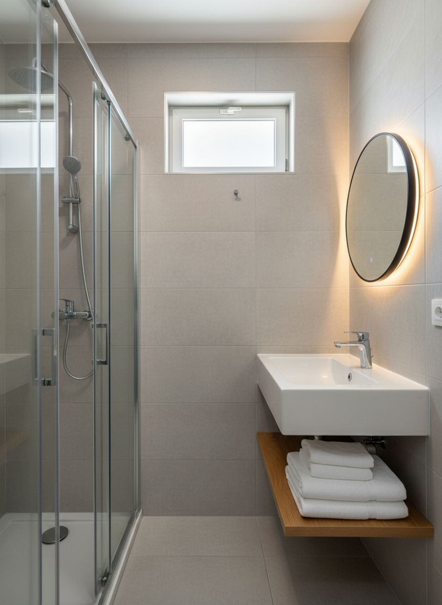 A compact, spotless modern bathroom in a Rhodes city apartment, captured in realistic photographic style. A frameless glass shower enclosure with chrome fixtures stands beside a floating white vanity with a rectangular ceramic sink and a single-lever faucet. Large light-gray tiles cover the walls and floor, reflecting the soft, diffused daylight coming from a small frosted window near the ceiling. A neatly folded stack of white towels rests on an open shelf, and a simple round mirror hovers above the sink, illuminated by a discreet overhead light that adds a warm tone. Shot from a slightly wide angle, the composition keeps vertical lines straight, emphasizing cleanliness, functionality, and professional care, with crisp focus and a calm, uncluttered mood suitable for a quality rental property.