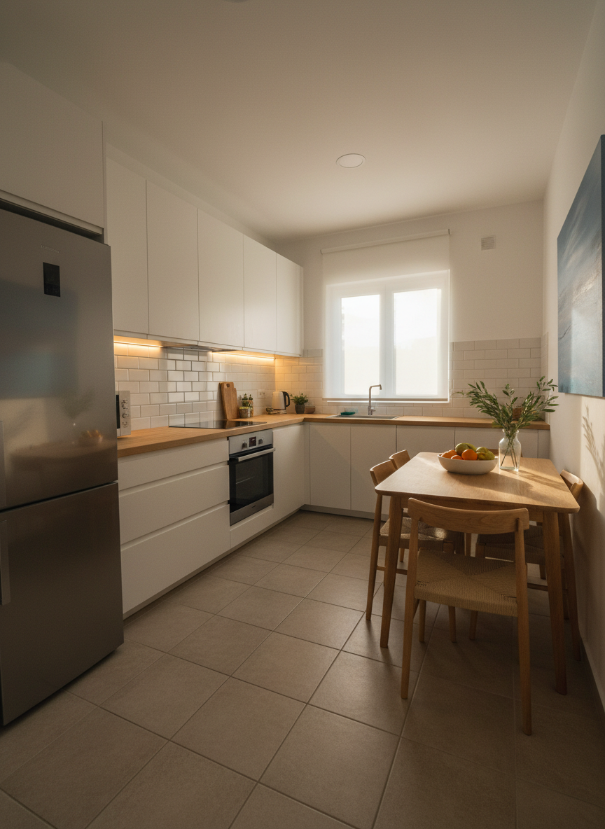 A well-organized open-plan kitchen and dining corner in a Rhodes apartment, rendered in clean photographic realism. White matte cabinetry with sleek, handleless doors contrasts with a light oak countertop and a simple subway tile backsplash. A compact wooden dining table with two to four neatly pushed-in chairs sits near a window, where soft afternoon light streams through translucent blinds, illuminating a ceramic fruit bowl and a small vase with green branches. Stainless steel appliances subtly reflect the warm glow of under-cabinet lighting, creating a tidy, modern ambiance. The mood is practical yet welcoming, ideal for family meals. Captured from a slightly elevated angle, the composition shows both kitchen and dining area, with clear lines and balanced negative space conveying professionalism and comfort.