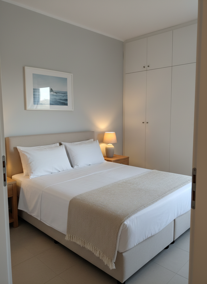 A serene bedroom in a family friendly Rhodes apartment, shown in photographic realism. A neatly made double bed with crisp white cotton linens and a textured light-beige throw blanket sits against a smooth pale-gray wall. Two simple wooden bedside tables hold identical ceramic lamps with warm fabric shades, casting a gentle, golden evening glow. A large built-in wardrobe with white doors reflects the soft light, keeping the space bright and uncluttered. A framed, minimalist seascape photograph hangs above the headboard, hinting at the island location. Captured at eye level from the doorway, the composition leads the viewer’s eye toward the bed as the focal point, with sharp focus and subtle depth, creating a calm, restful, and professional atmosphere ideal for an apartment rental listing.